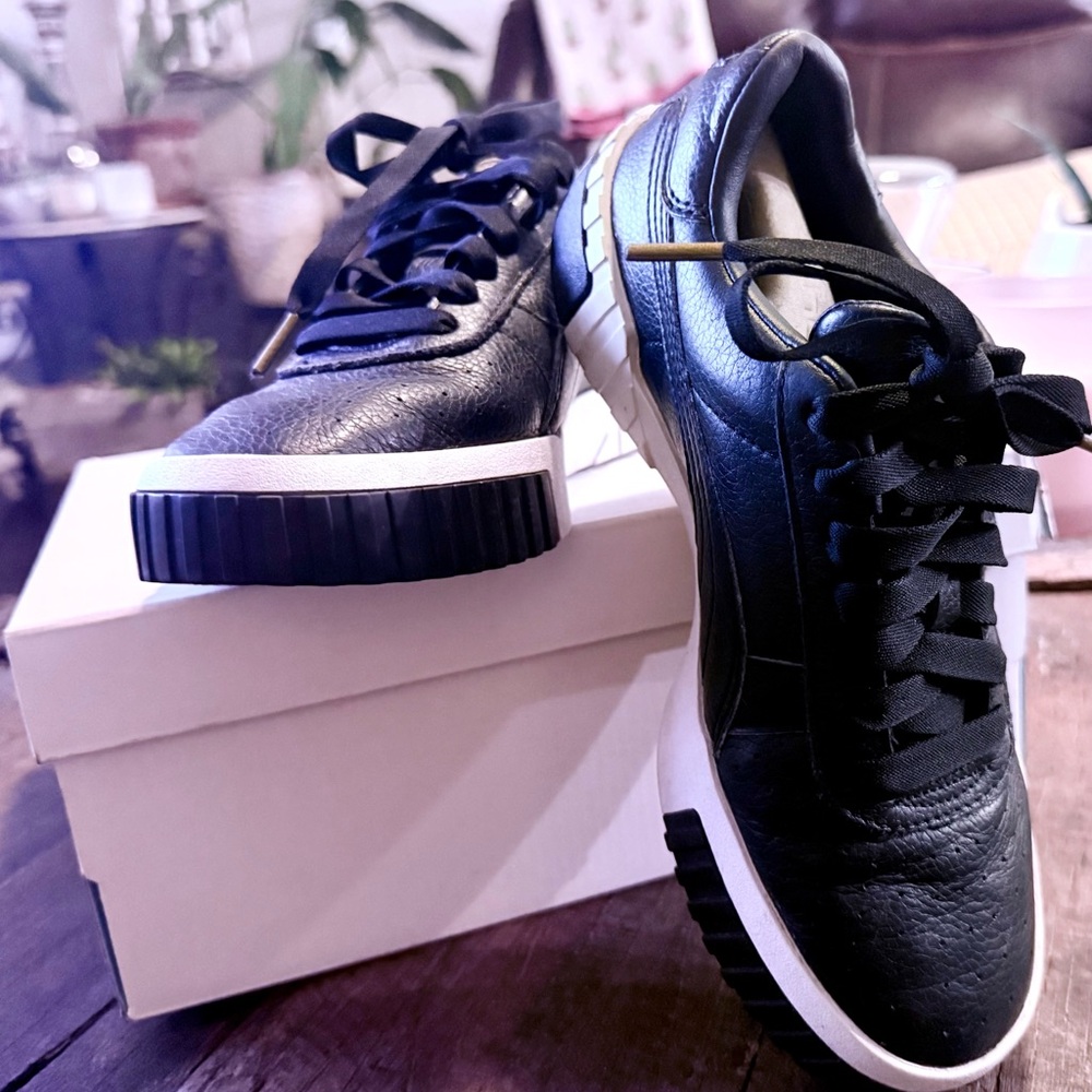 Women's Black Puma Leather Sneakers with White Sole